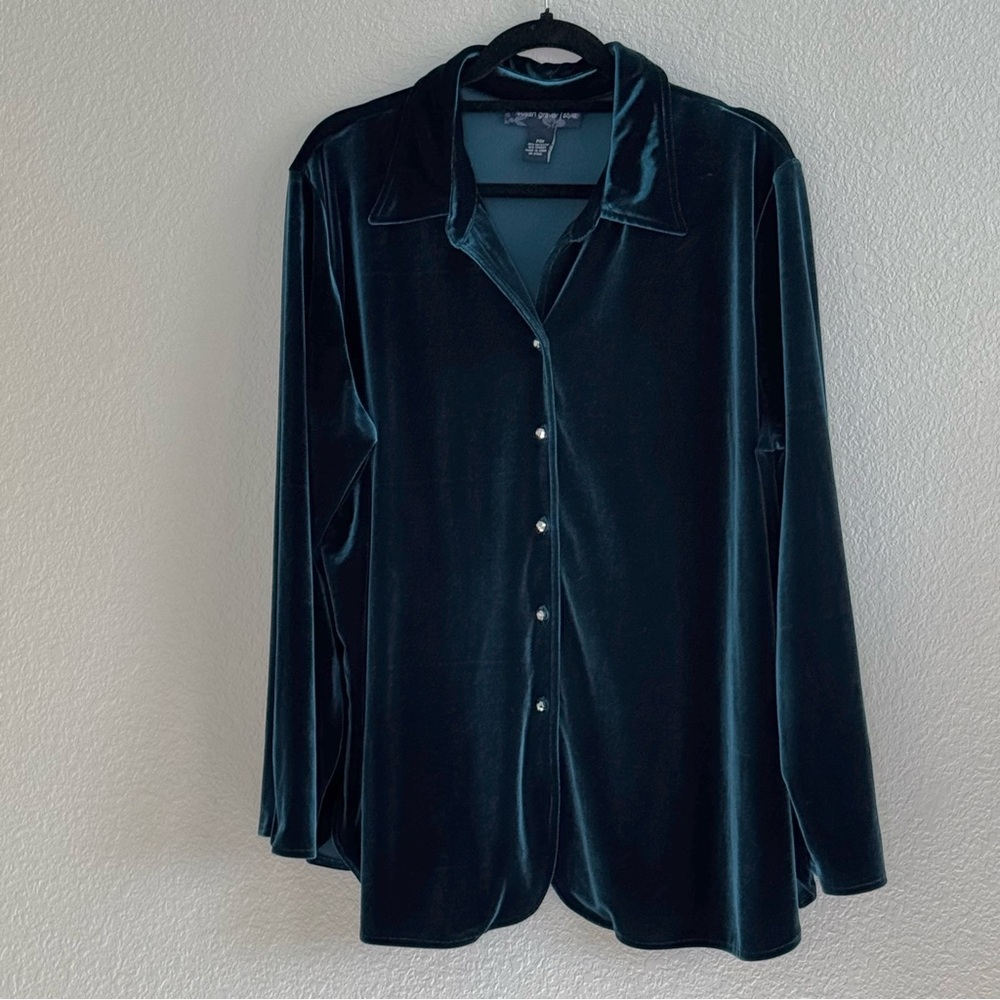 Susan Graver Womens 2XP Petite Button Up Teal Velvet Knit‎ Tunic Long Sleeve